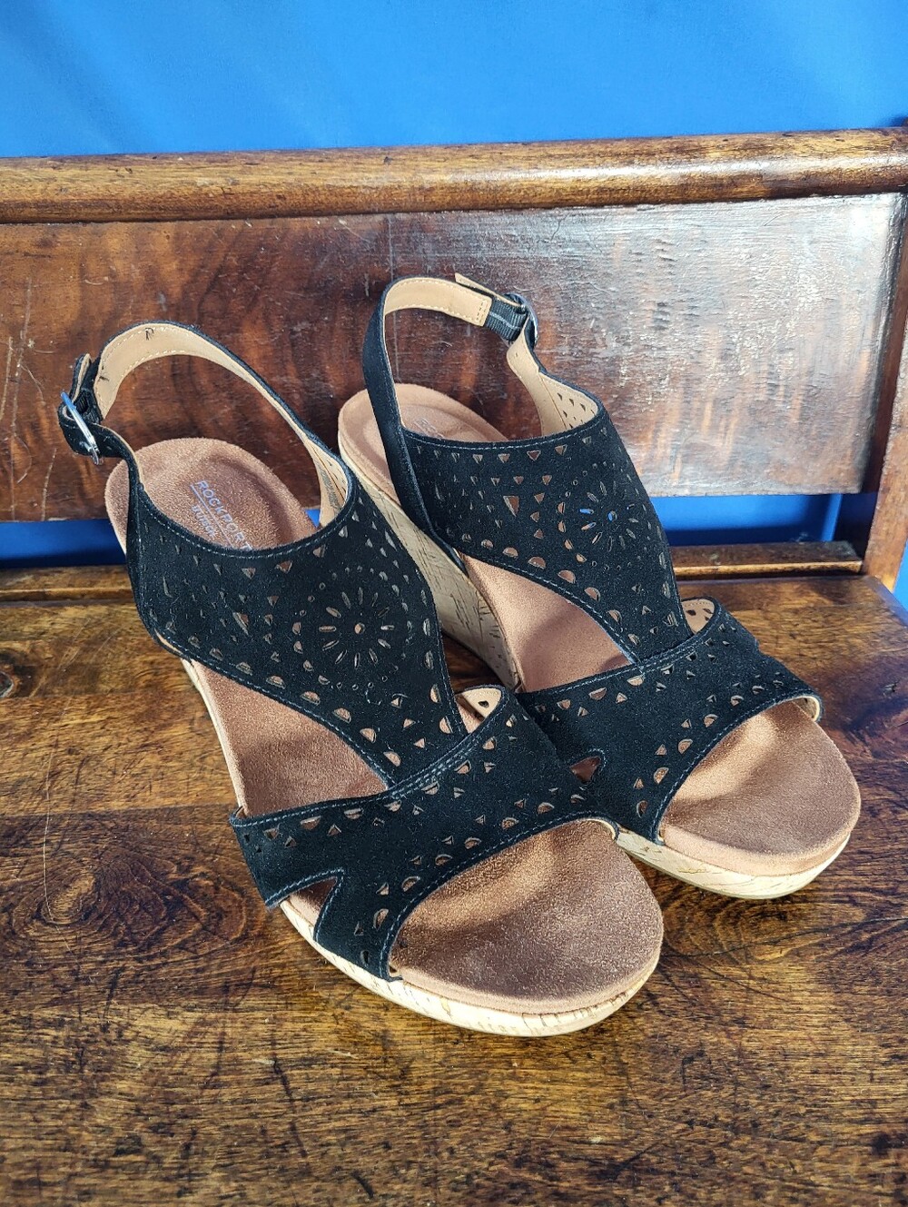 Rockport Size 10 Belis Wedge Sandal Black Leather